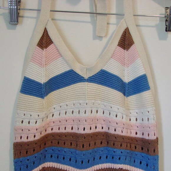 Crochet Knit Halter Summer Mini Dress Blue Pink Brown Beige Cotton Size Small - Picture 5 of 14